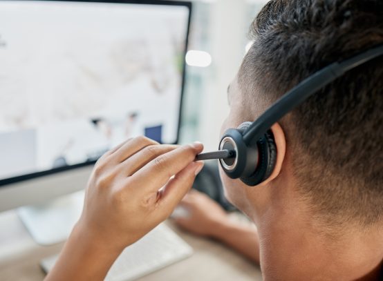 Microphone, computer us or call center consultant networking, talking or speaking of a financial lo.